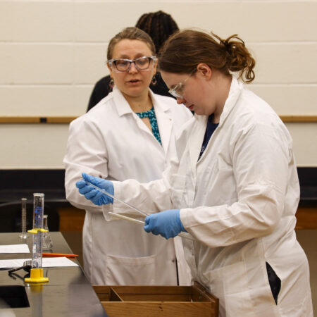 A chemistry student works in the classroom with a professor