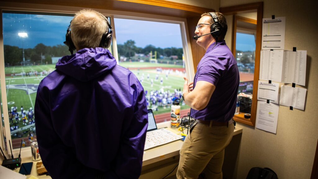 Man with headshot over football stadium
