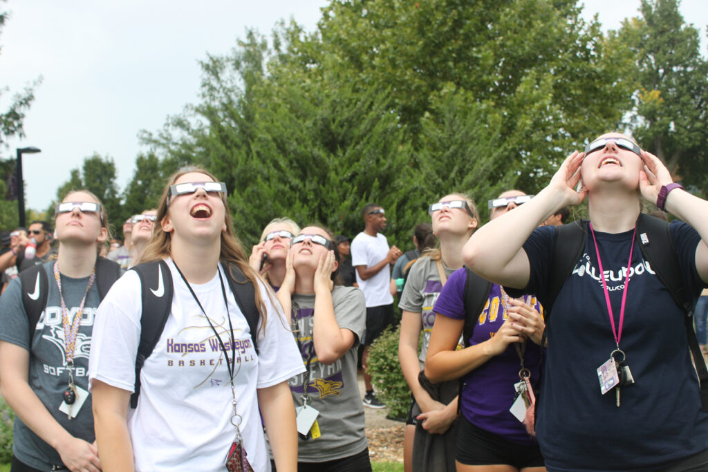 Students looking up outside